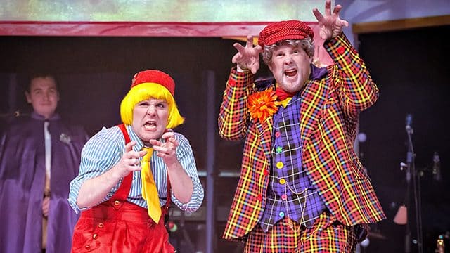 Kenny Davies as Buttons and Dyfrig Morris as Baron Hardup. Credit: Anthony Robling.