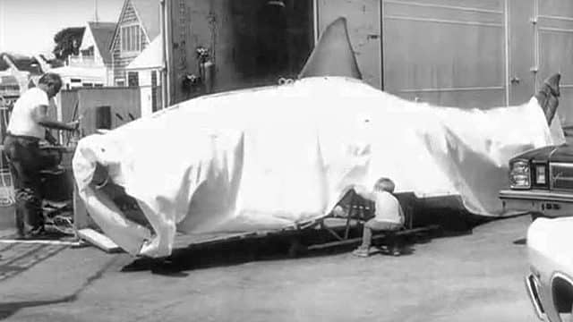 Ian Shaw takes a peek at Bruce the shark on set for JAWS in 1974. Credit Ian Shaw.