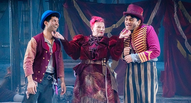 Mitesh Soni as Charley, Caroline Parker as Fagin, and Nadeem Islam as the Artful Dodger. Photographer - Anthony Robling.