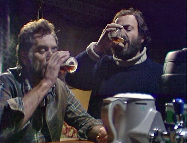 Cheers! Alec (William Dysart) and Charles (Denis Lill) having a post-pandemic pint in The Enemy. Credit: BBC Worldwide.